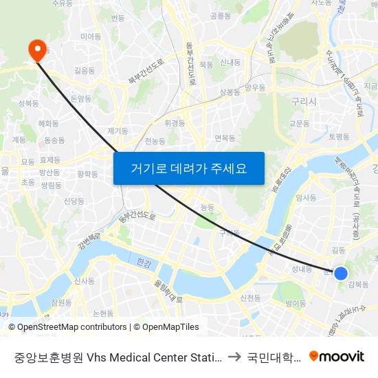 중앙보훈병원 Vhs Medical Center Station to 국민대학교 map