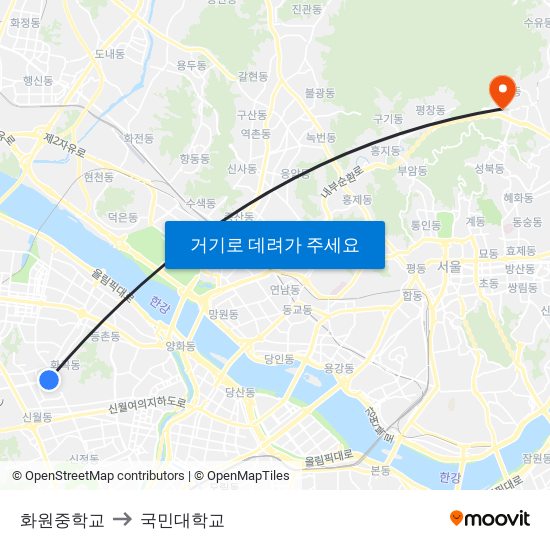 화원중학교 to 국민대학교 map