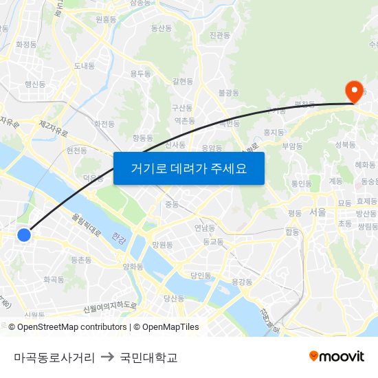 마곡동로사거리 to 국민대학교 map