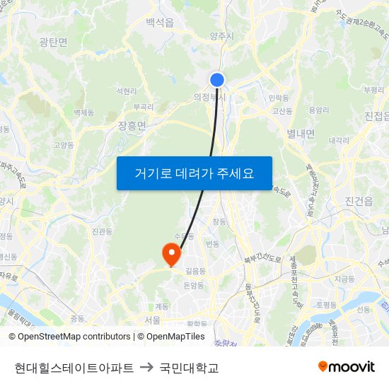 현대힐스테이트아파트 to 국민대학교 map