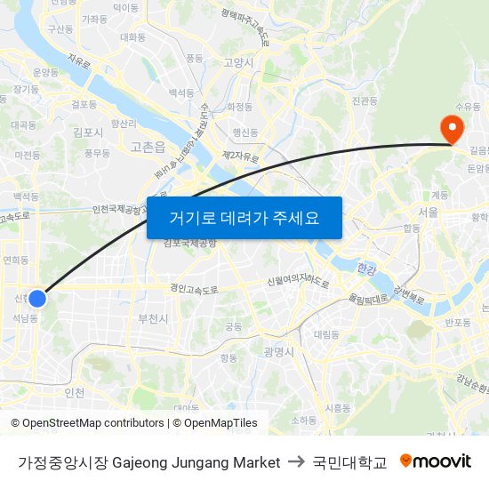 가정중앙시장 Gajeong Jungang Market to 국민대학교 map