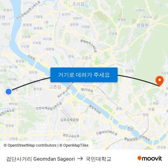 검단사거리 Geomdan Sageori to 국민대학교 map