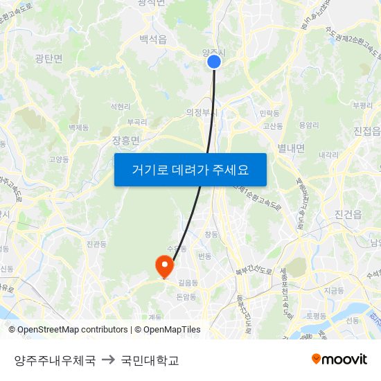 양주주내우체국 to 국민대학교 map