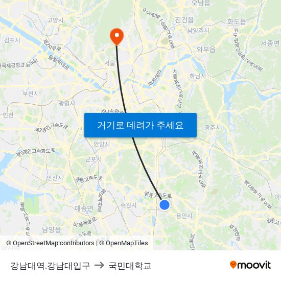 강남대역.강남대입구 to 국민대학교 map