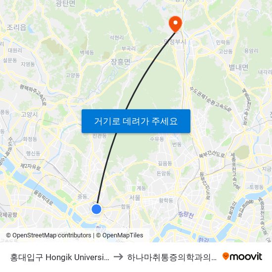 홍대입구 Hongik University to 하나마취통증의학과의원 map