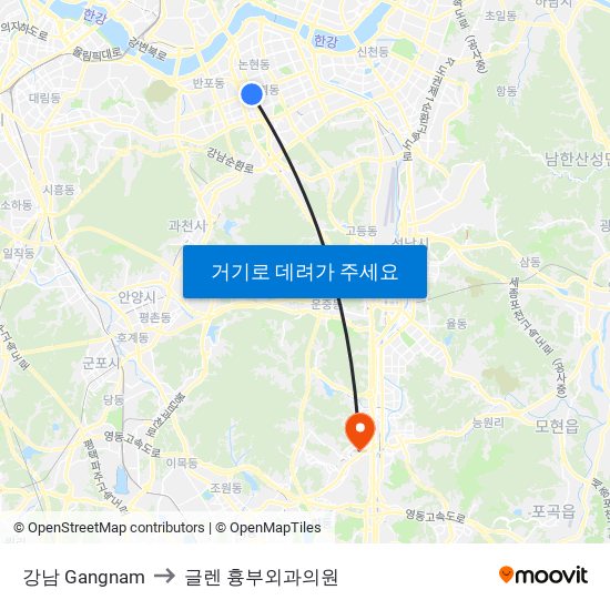 강남 Gangnam to 글렌 흉부외과의원 map