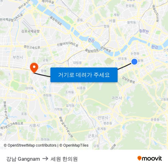 강남 Gangnam to 세원 한의원 map