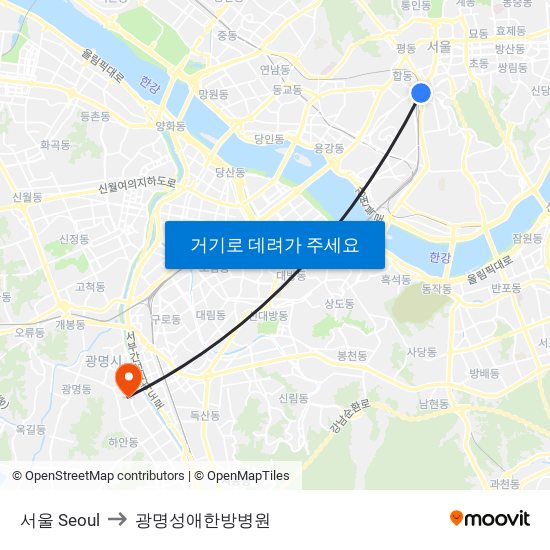 서울 Seoul to 광명성애한방병원 map