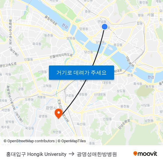 홍대입구 Hongik University to 광명성애한방병원 map