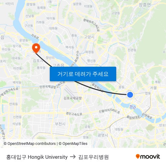 홍대입구 Hongik University to 김포우리병원 map