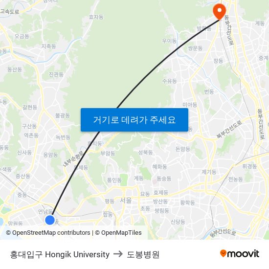 홍대입구 Hongik University to 도봉병원 map