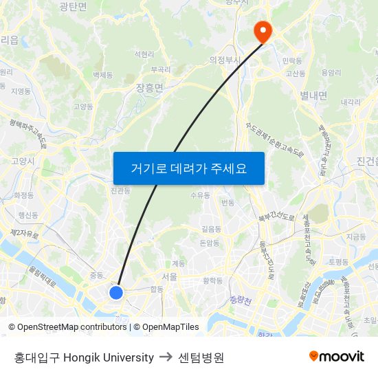 홍대입구 Hongik University to 센텀병원 map