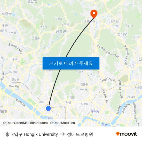 홍대입구 Hongik University to 성베드로병원 map