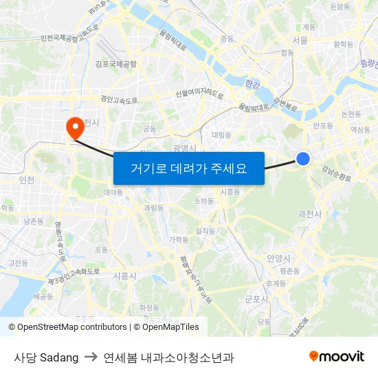 사당 Sadang to 연세봄 내과소아청소년과 map