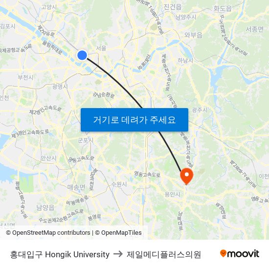 홍대입구 Hongik University to 제일메디플러스의원 map