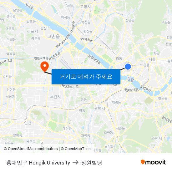 홍대입구 Hongik University to 장원빌딩 map
