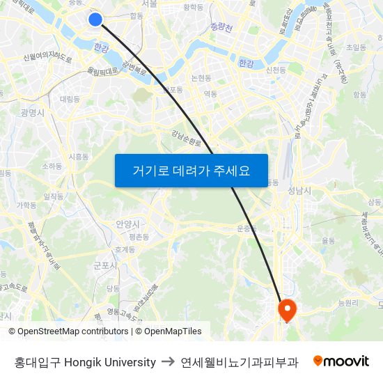 홍대입구 Hongik University to 연세웰비뇨기과피부과 map
