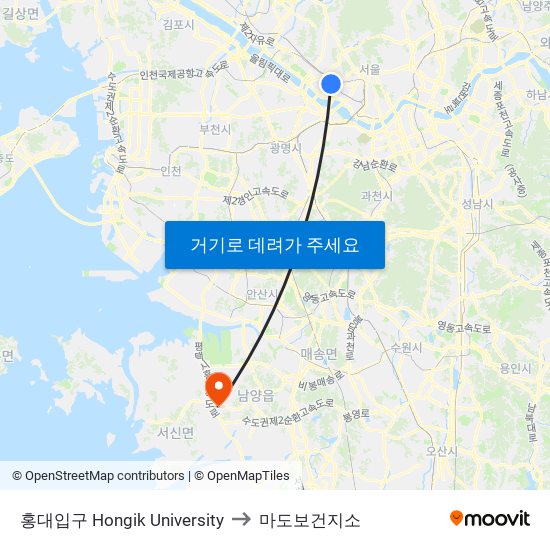 홍대입구 Hongik University to 마도보건지소 map