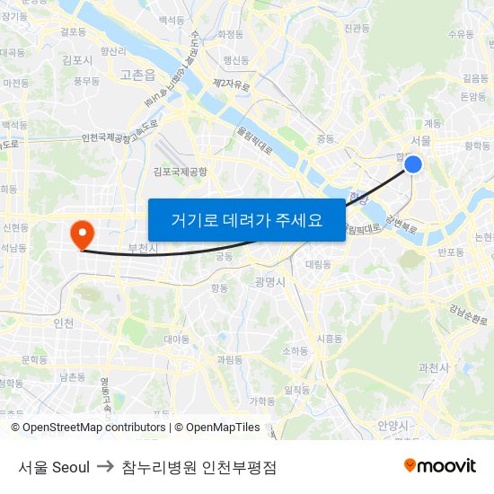 서울 Seoul to 참누리병원 인천부평점 map