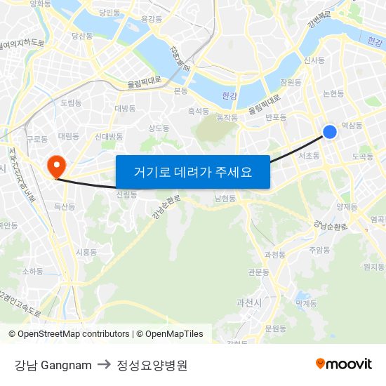 강남 Gangnam to 정성요양병원 map