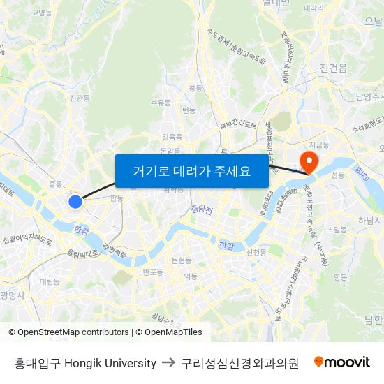 홍대입구 Hongik University to 구리성심신경외과의원 map