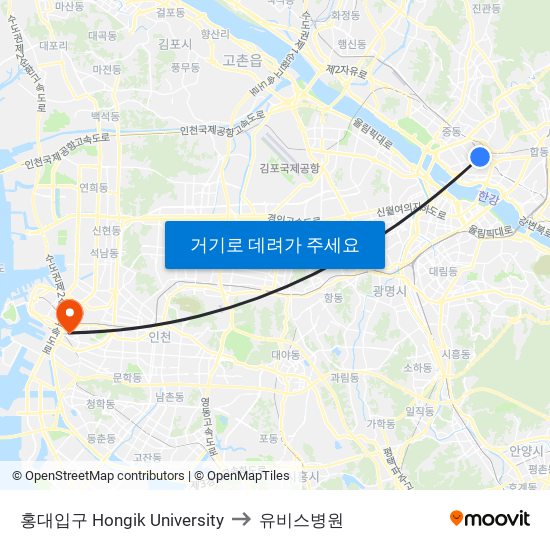 홍대입구 Hongik University to 유비스병원 map
