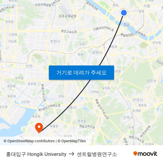 홍대입구 Hongik University to 센트럴병원연구소 map