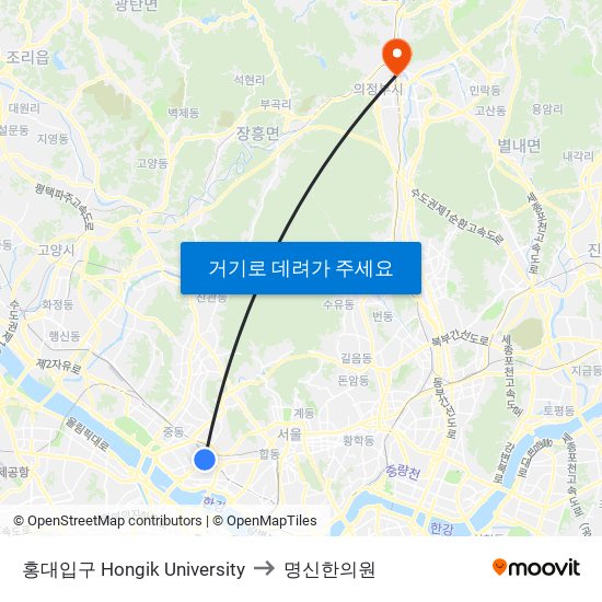 홍대입구 Hongik University to 명신한의원 map