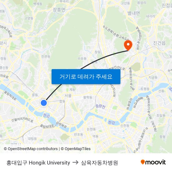 홍대입구 Hongik University to 삼육자동차병원 map