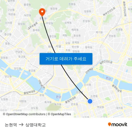 논현역 to 상명대학교 map