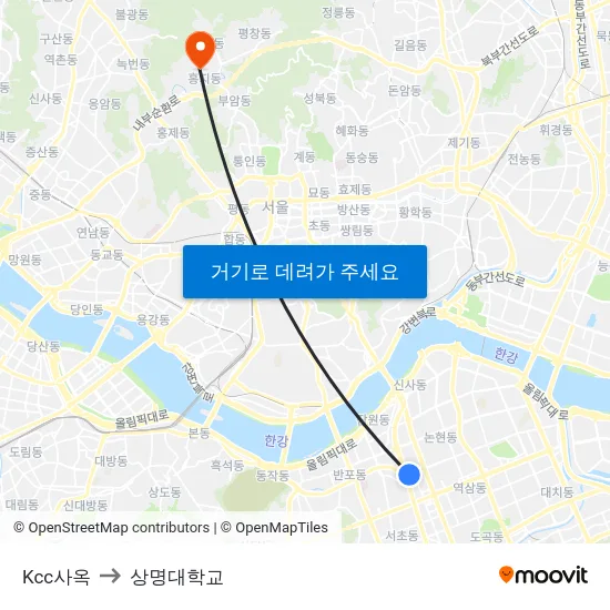 Kcc사옥 to 상명대학교 map