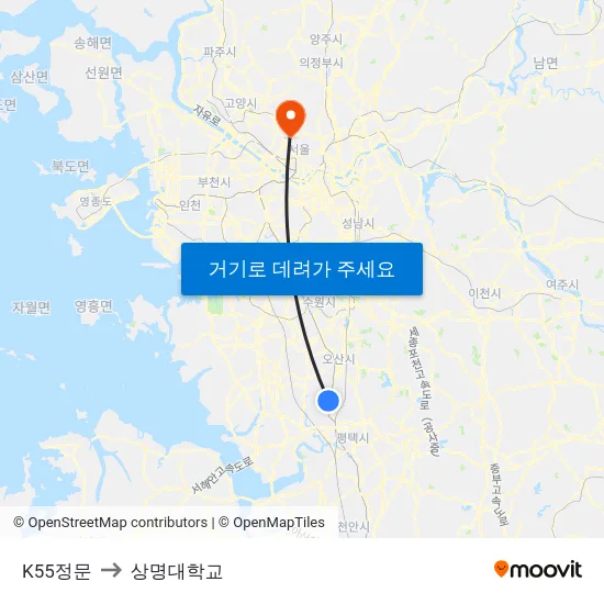 K55정문 to 상명대학교 map