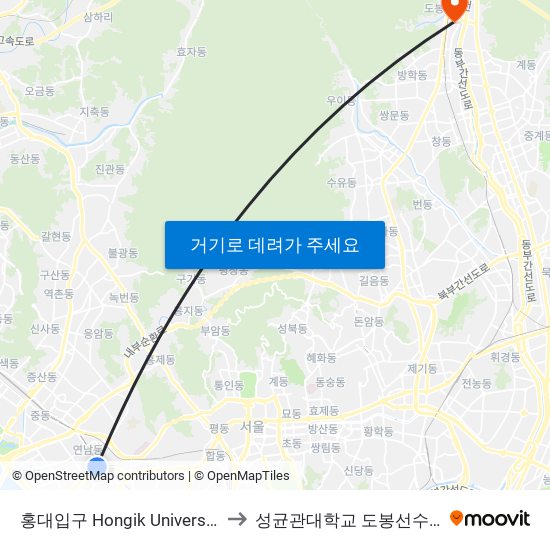 홍대입구 Hongik University to 성균관대학교 도봉선수촌 map