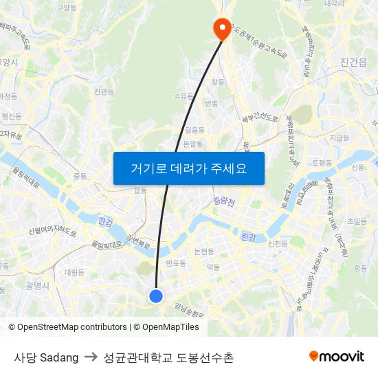 사당 Sadang to 성균관대학교 도봉선수촌 map