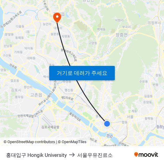 홍대입구 Hongik University to 서울우유진료소 map