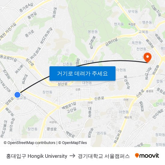 홍대입구 Hongik University to 경기대학교 서울캠퍼스 map