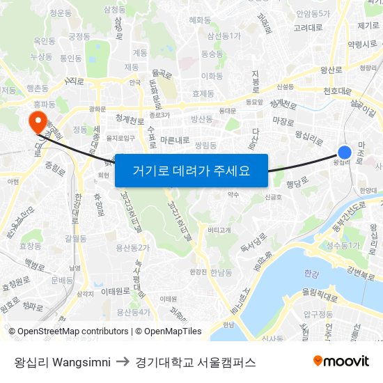 왕십리 Wangsimni to 경기대학교 서울캠퍼스 map