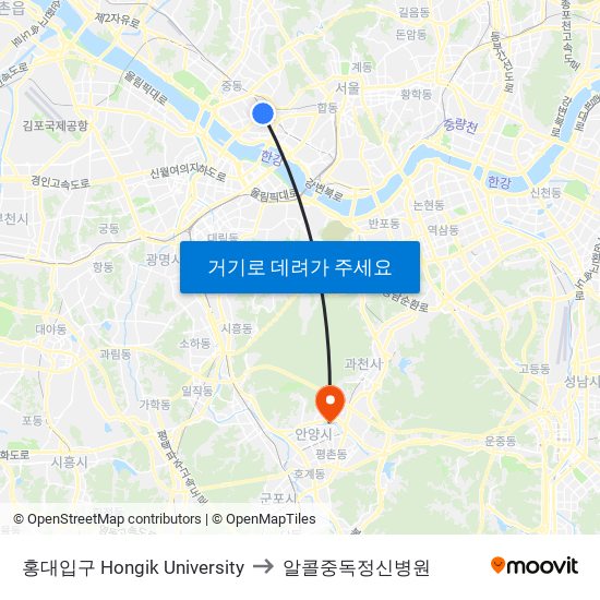 홍대입구 Hongik University to 알콜중독정신병원 map
