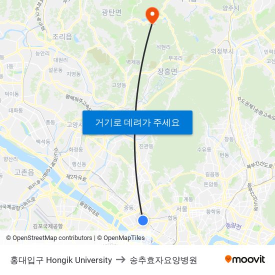 홍대입구 Hongik University to 송추효자요양병원 map