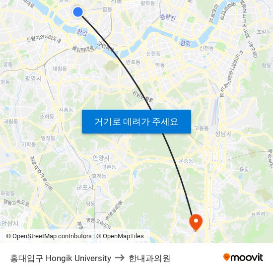 홍대입구 Hongik University to 한내과의원 map