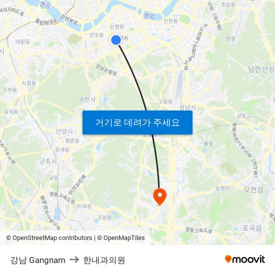 강남 Gangnam to 한내과의원 map