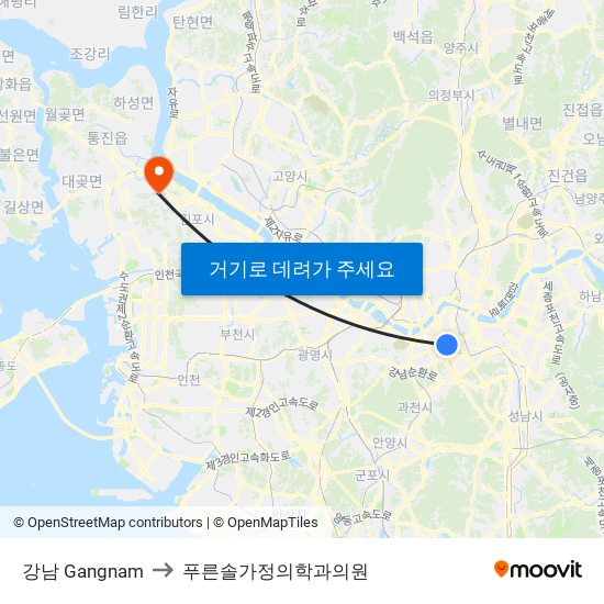 강남 Gangnam to 푸른솔가정의학과의원 map