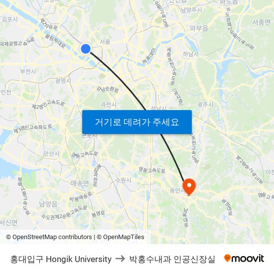 홍대입구 Hongik University to 박홍수내과 인공신장실 map
