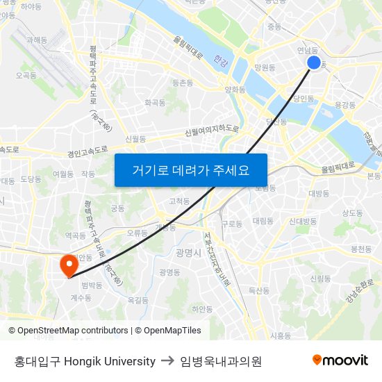 홍대입구 Hongik University to 임병욱내과의원 map