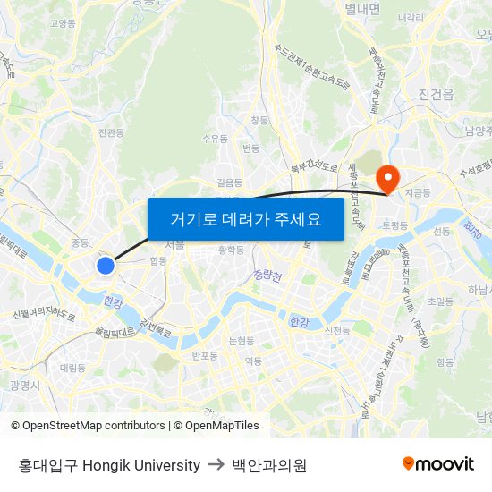 홍대입구 Hongik University to 백안과의원 map