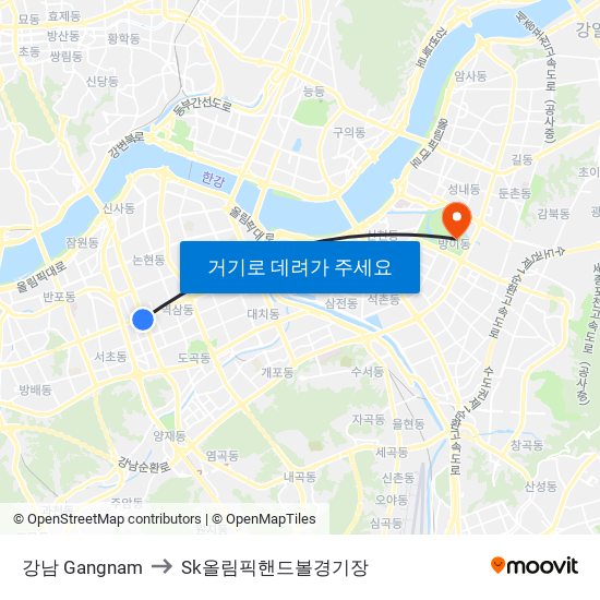 강남 Gangnam to Sk올림픽핸드볼경기장 map