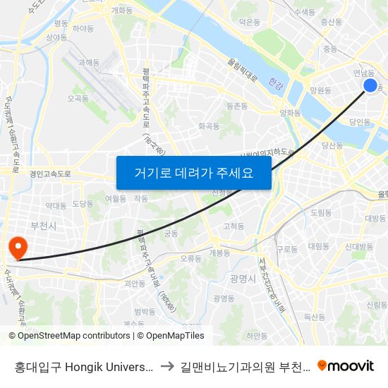 홍대입구 Hongik University to 길맨비뇨기과의원 부천점 map