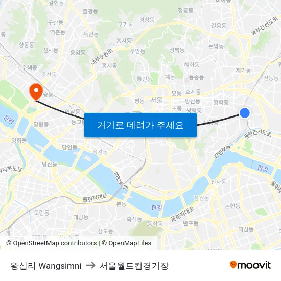 왕십리 Wangsimni to 서울월드컵경기장 map