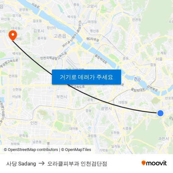 사당 Sadang to 오라클피부과 인천검단점 map