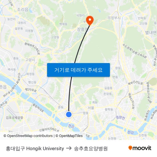 홍대입구 Hongik University to 송추효요양병원 map